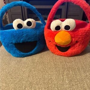 Sesame Street Cookie Monster / Elmo Plush Baskets - Blue and Red